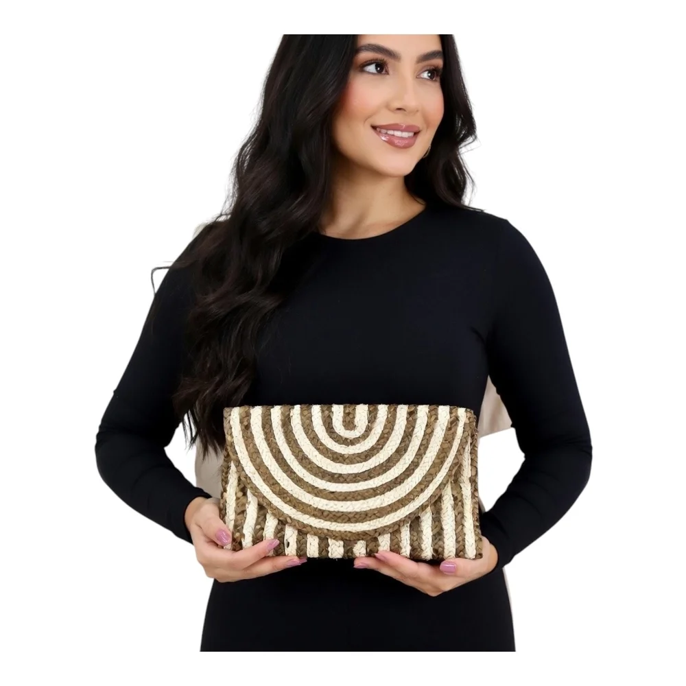 Chic Woven Straw Clutch Bag Brown Beige Stripe Curved Flap Beach Purse 11x6